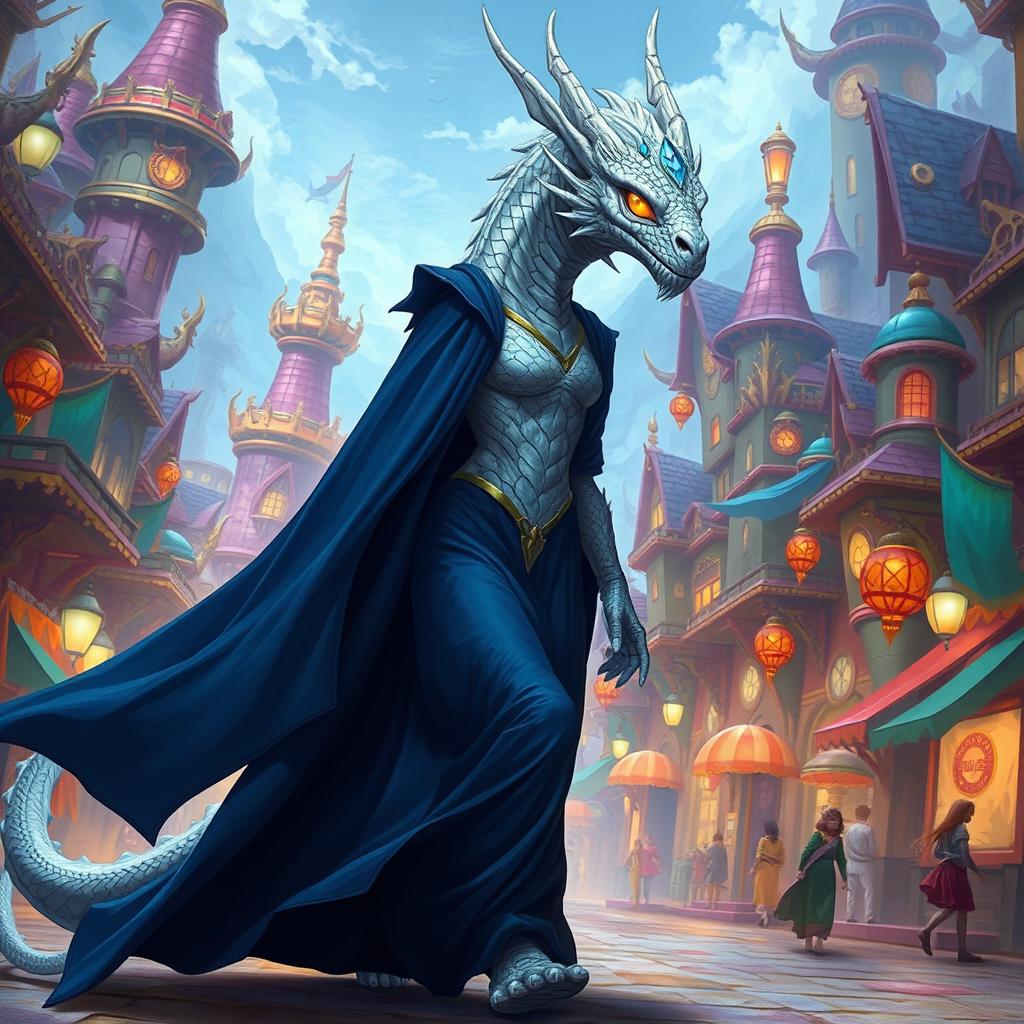 A female dragonborn with platinum scales and a dragon-like head, standing 6 feet tall