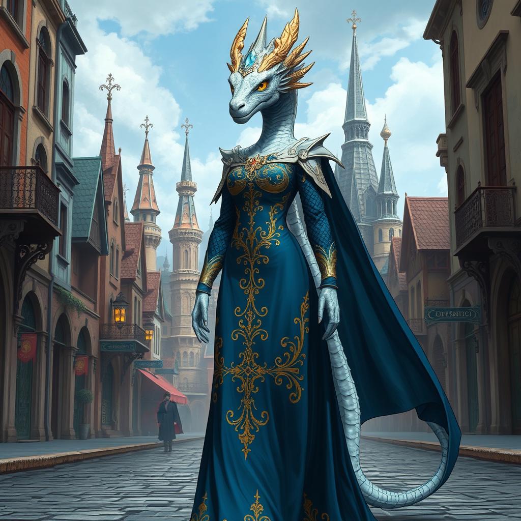 A tall female dragonborn with platinum scales and a dragon-like head, showcasing beautiful golden eyes
