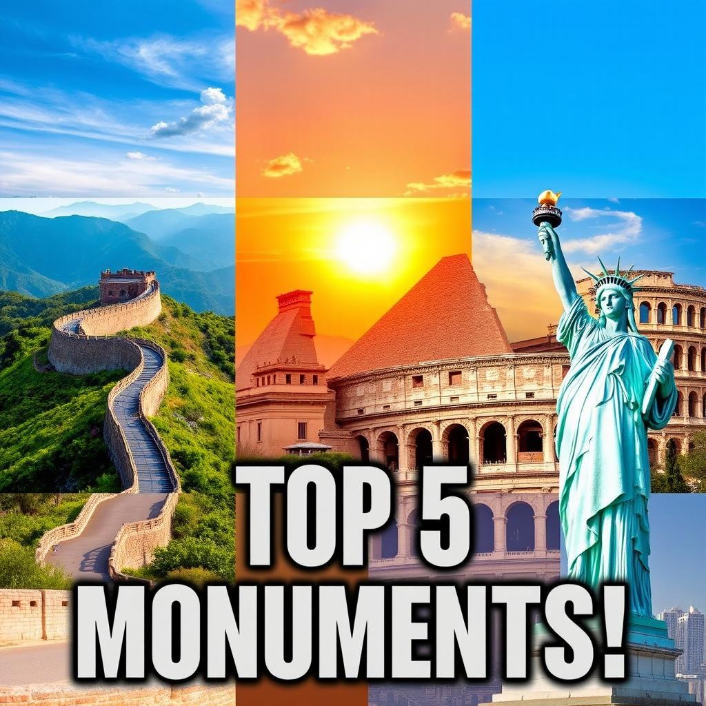 A captivating YouTube thumbnail featuring the five iconic monuments: the Great Wall of China winding through lush green mountains, the Pyramids of Egypt under a stunning sunset, the vibrant roofs of the Forbidden City with intricate details, the majestic Colosseum set against a bright blue sky, and the Statue of Liberty holding her torch proudly amidst a clear skyline