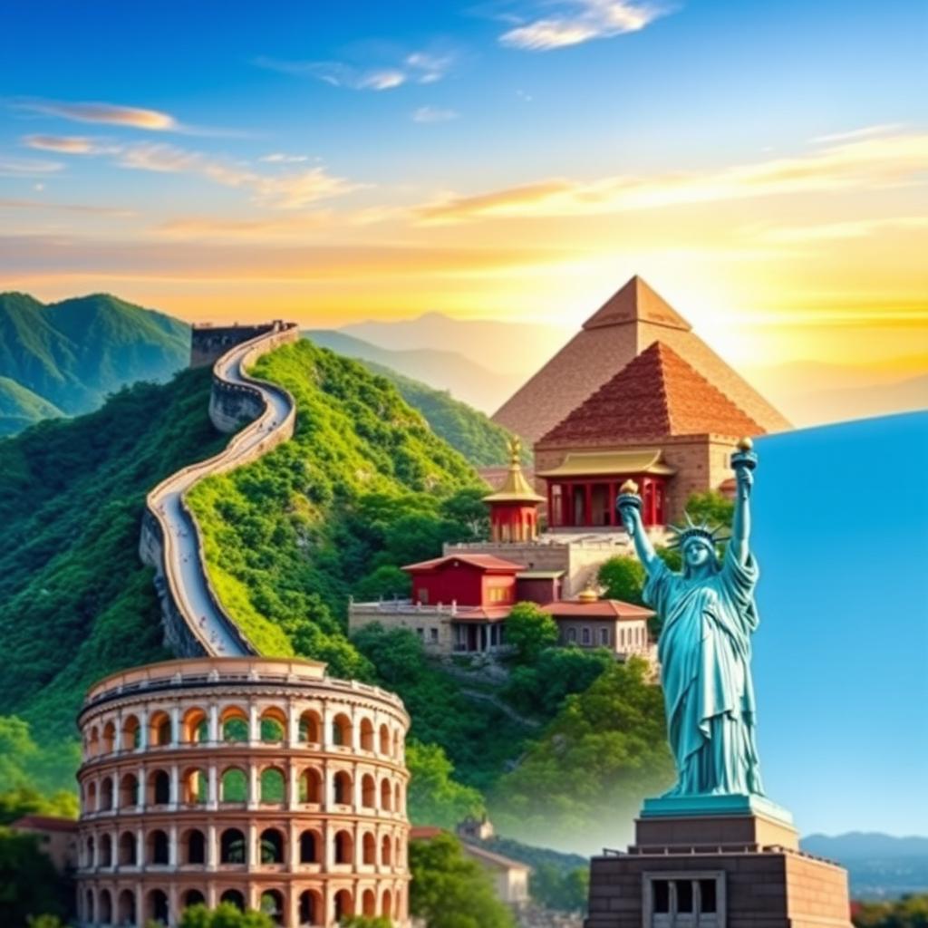 A visually stunning and engaging thumbnail for a YouTube video featuring five iconic monuments: the Great Wall of China winding gracefully through lush green mountains, the majestic Pyramids of Egypt rising against a golden sunset, the Forbidden City with its striking red and gold architecture, the ancient Colosseum set in a vibrant urban landscape, and the towering Statue of Liberty against a clear blue sky