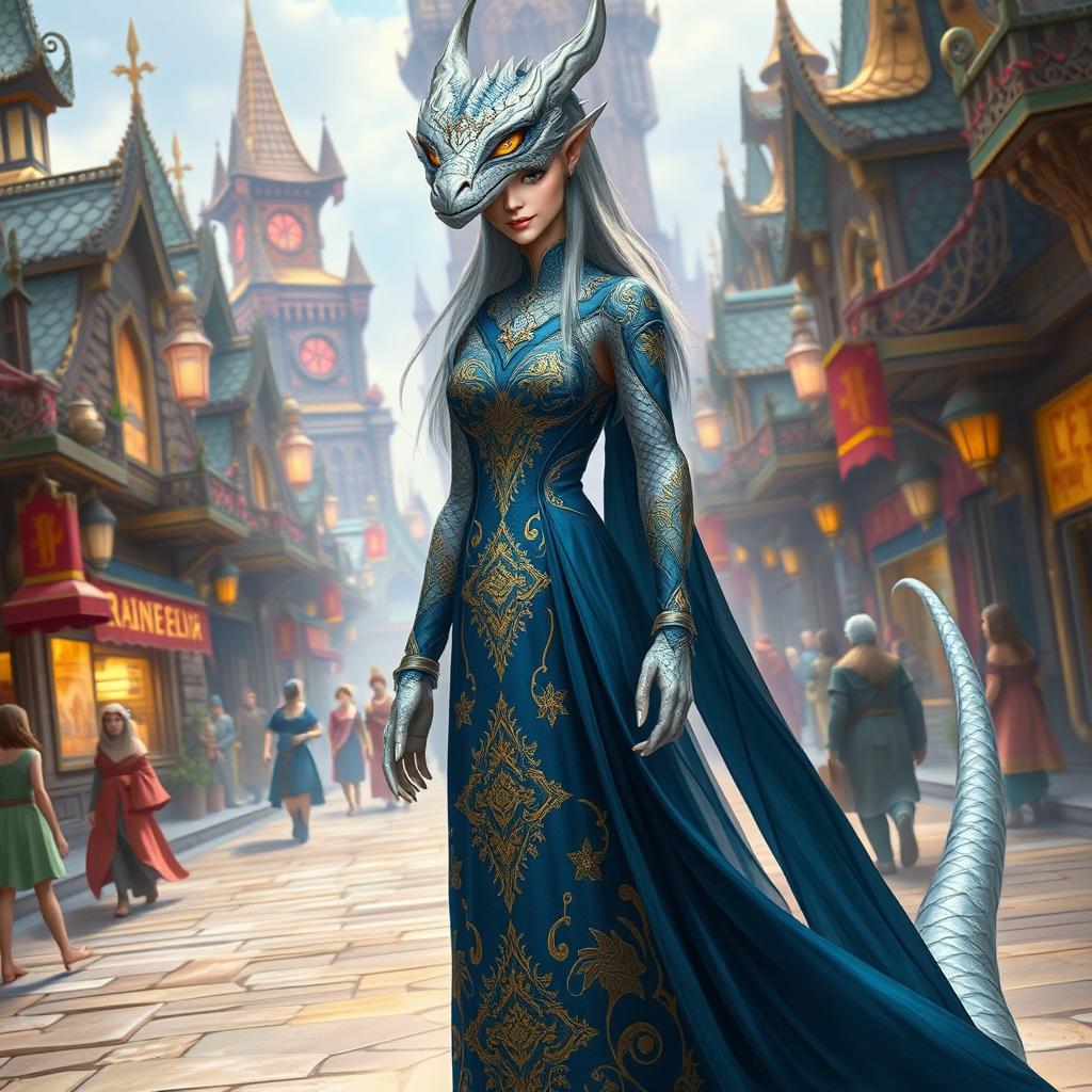 A female dragonborn with platinum scales, adorned in a long flowing indigo dress featuring intricate gold embroidery