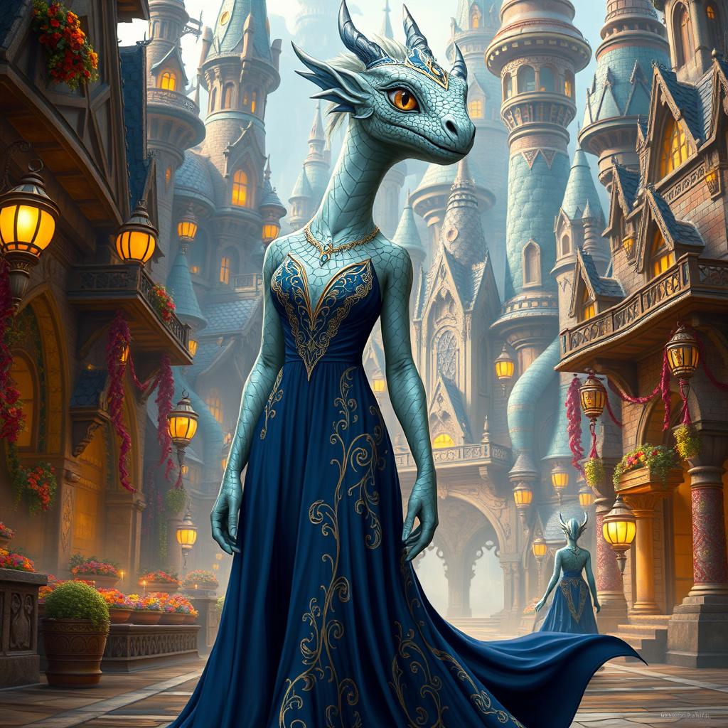A female dragonborn with platinum scales and golden eyes, standing 6 feet tall