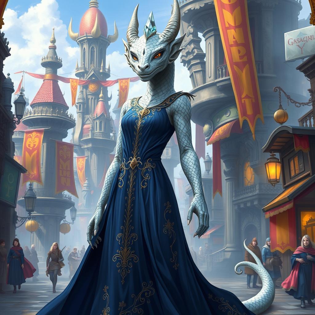 A female dragonborn with platinum scales and golden eyes, standing 6 feet tall, wearing a long flowing indigo dress adorned with intricate gold embroidery