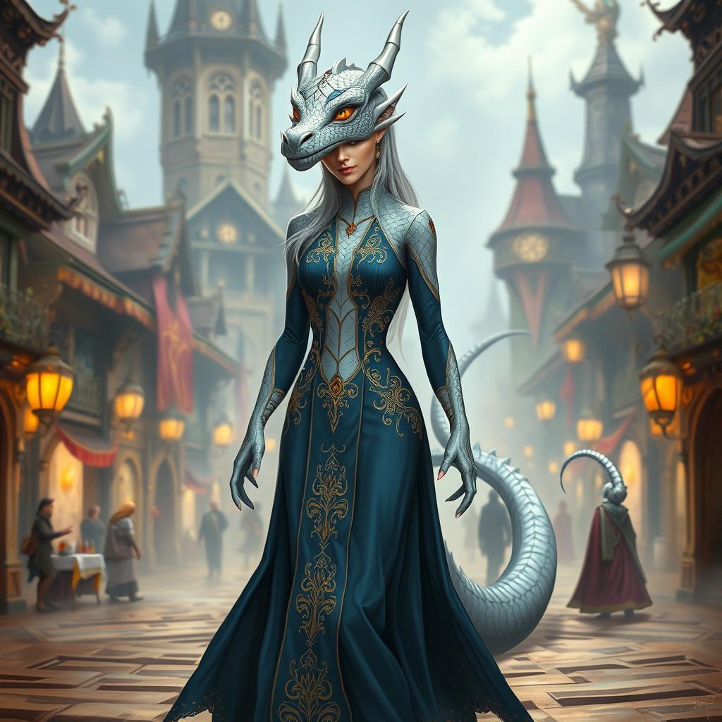 A female dragonborn with platinum scales and golden eyes, featuring humanoid body proportions and a dragon-like head that is proportionate to her body