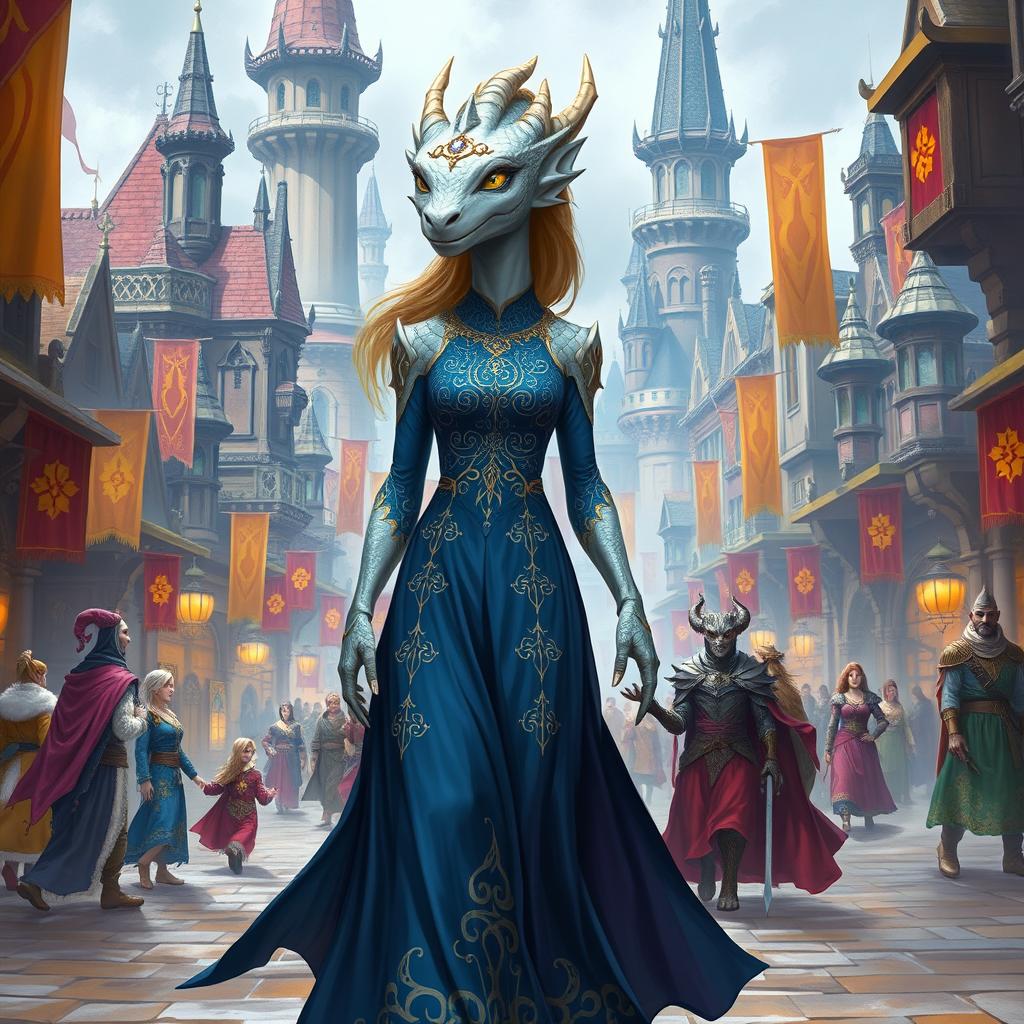 A female dragonborn with platinum scales and a humanoid body, standing 6 feet tall