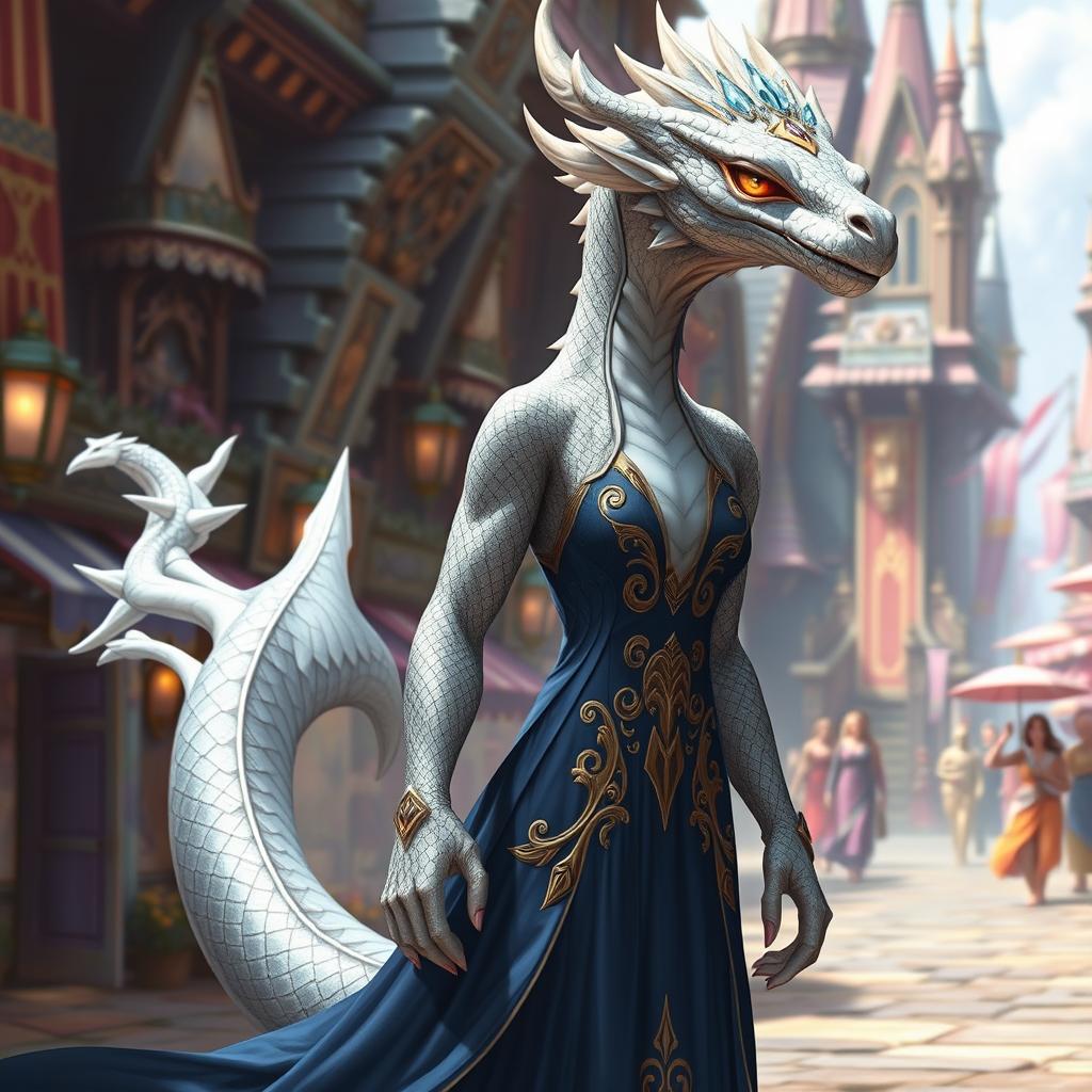 A majestic female dragonborn with shimmering platinum scales, standing 6 feet tall, possessing humanoid body proportions and a dragon-like head that is proportionate to her body