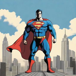 Generate an image of Superman, standing proud and tall in his classic red and blue suit, a mighty cape flowing in the wind, against a skyline of Metropolis.