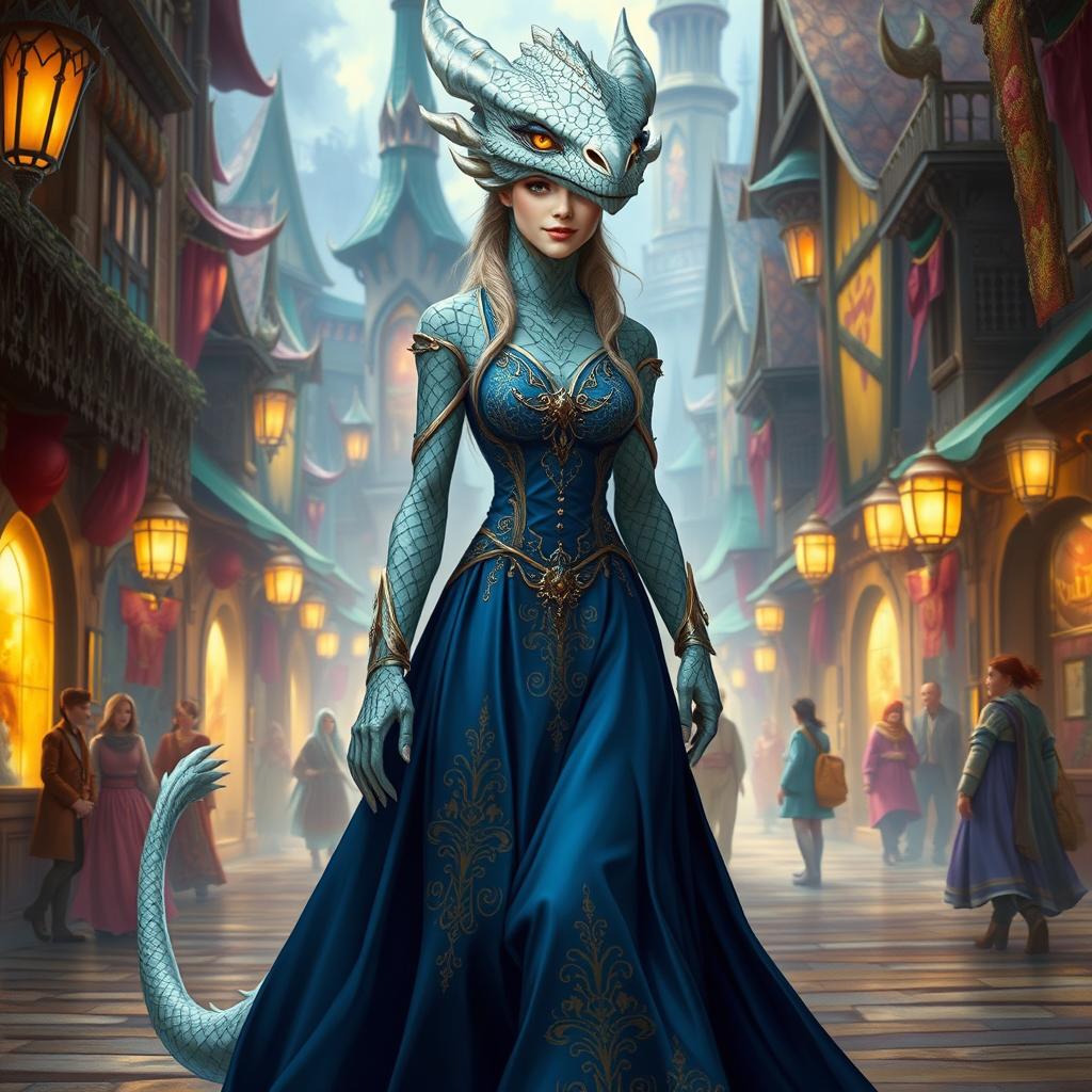 A female dragonborn with platinum scales, standing 6 feet tall, sporting a humanoid body proportion and a dragon-like head that is proportionate to her body