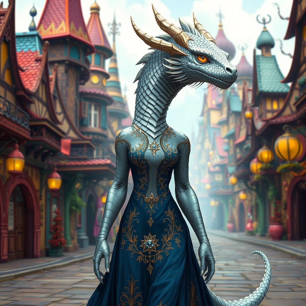A female dragonborn with platinum scales and a humanoid body is calmly walking through a vibrant fantasy city