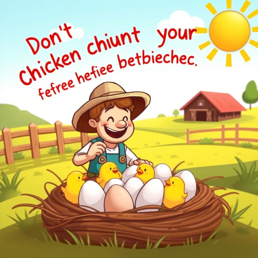 A whimsical and colorful cartoon scene in a sunny farm setting where a farmer is excitedly looking at a nest of eggs, counting them with a big smile