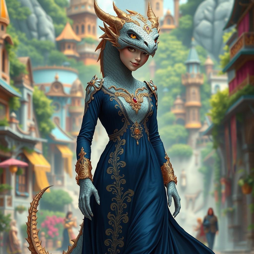 A female dragonborn with platinum scales and golden eyes, standing 6 feet tall