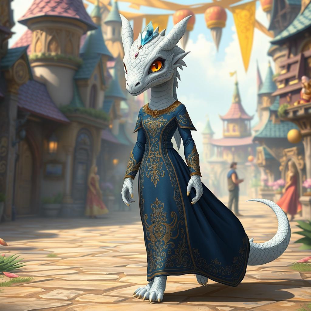 A female dragonborn character with stunning platinum scales and golden eyes, standing 6 feet tall
