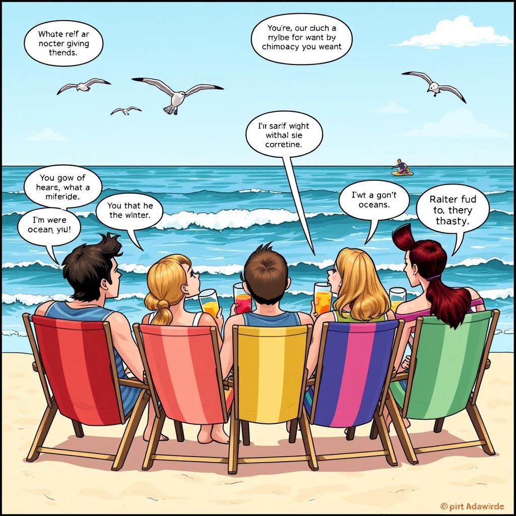 A vibrant comic strip featuring a group of friends sitting on beach chairs, gazing at the serene ocean waves under a clear blue sky