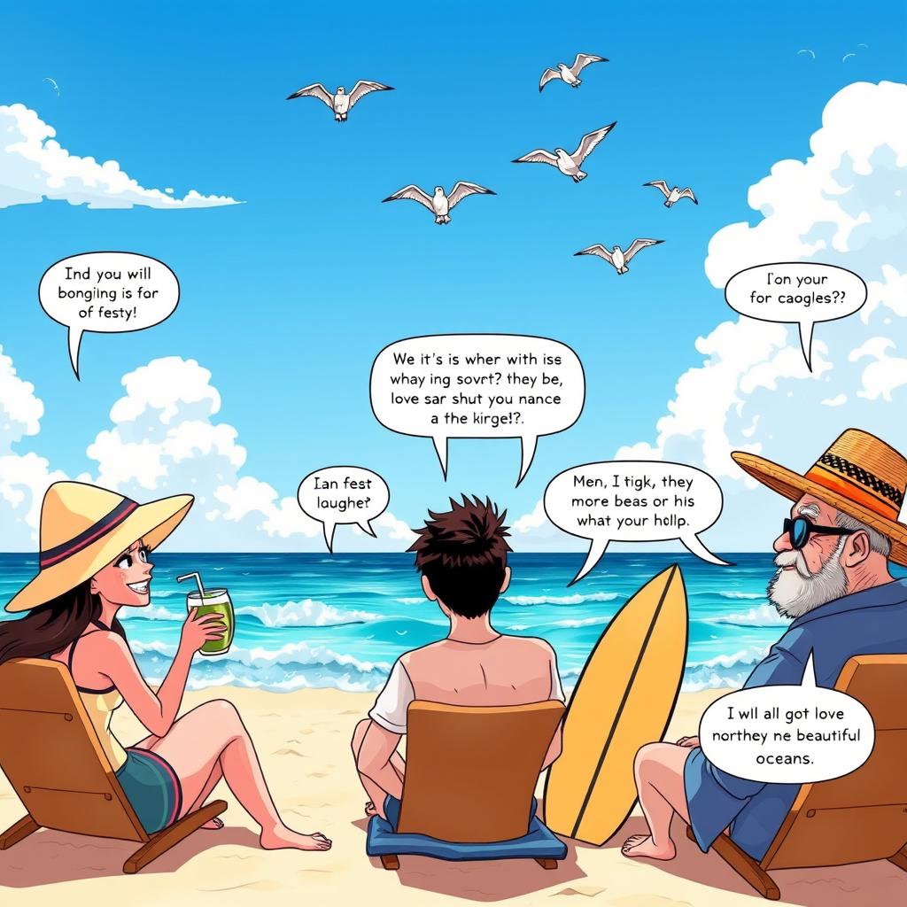 A light-hearted and whimsical comic strip depicting a diverse group of friends sitting on a sandy beach, gazing at the ocean