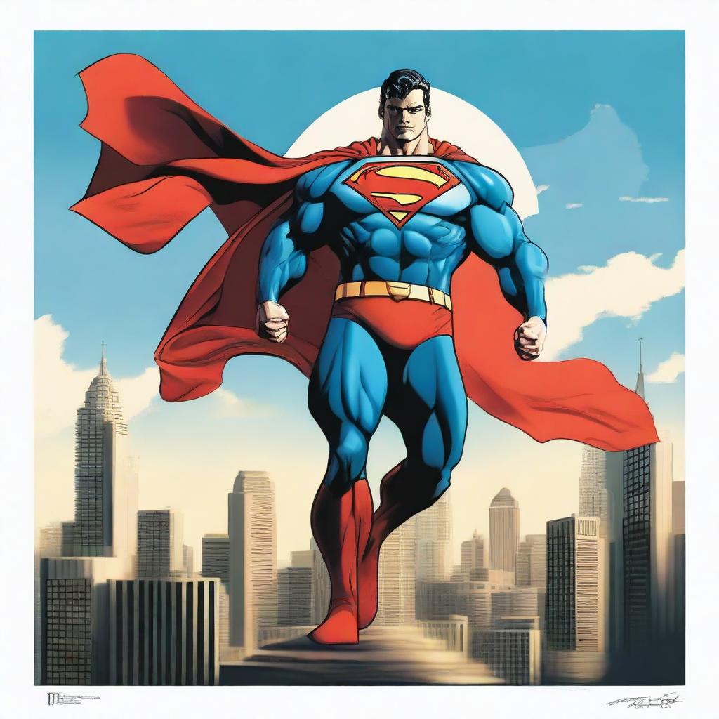 Generate an image of Superman, standing proud and tall in his classic red and blue suit, a mighty cape flowing in the wind, against a skyline of Metropolis.