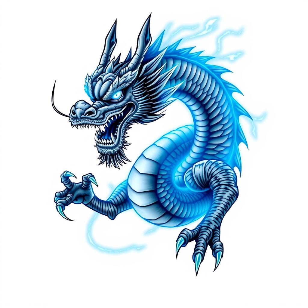 A terrifying Chinese dragon with fierce eyes and sharp claws, surrounded by a blue aura that creates a striking contrast against a clean white background