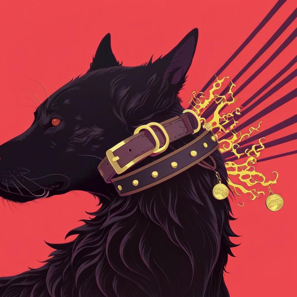 Captivating Artwork of a Stylized Black Dog with Intricate Collars