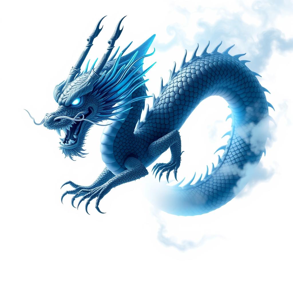 A terrifying Chinese dragon, showcasing intricate scales and fierce eyes, exuding a glowing blue aura as it sinuously flies through the air, isolated and cut out against a pristine white background