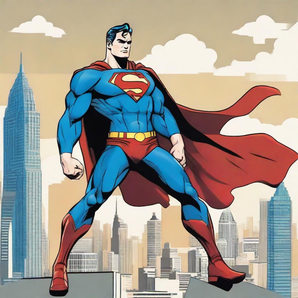 Generate an image of Superman, standing proud and tall in his classic red and blue suit, a mighty cape flowing in the wind, against a skyline of Metropolis.