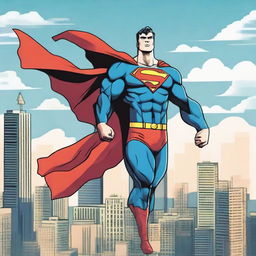 Generate an image of Superman, standing proud and tall in his classic red and blue suit, a mighty cape flowing in the wind, against a skyline of Metropolis.