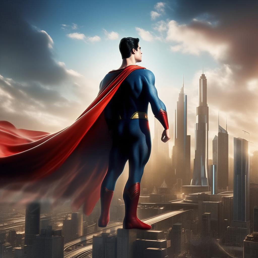 Create an image of Superman, standing tall in his iconic blue suit with a red cape, set against the backdrop of a soaring Metropolis skyline in daylight.