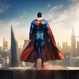 Create an image of Superman, standing tall in his iconic blue suit with a red cape, set against the backdrop of a soaring Metropolis skyline in daylight.