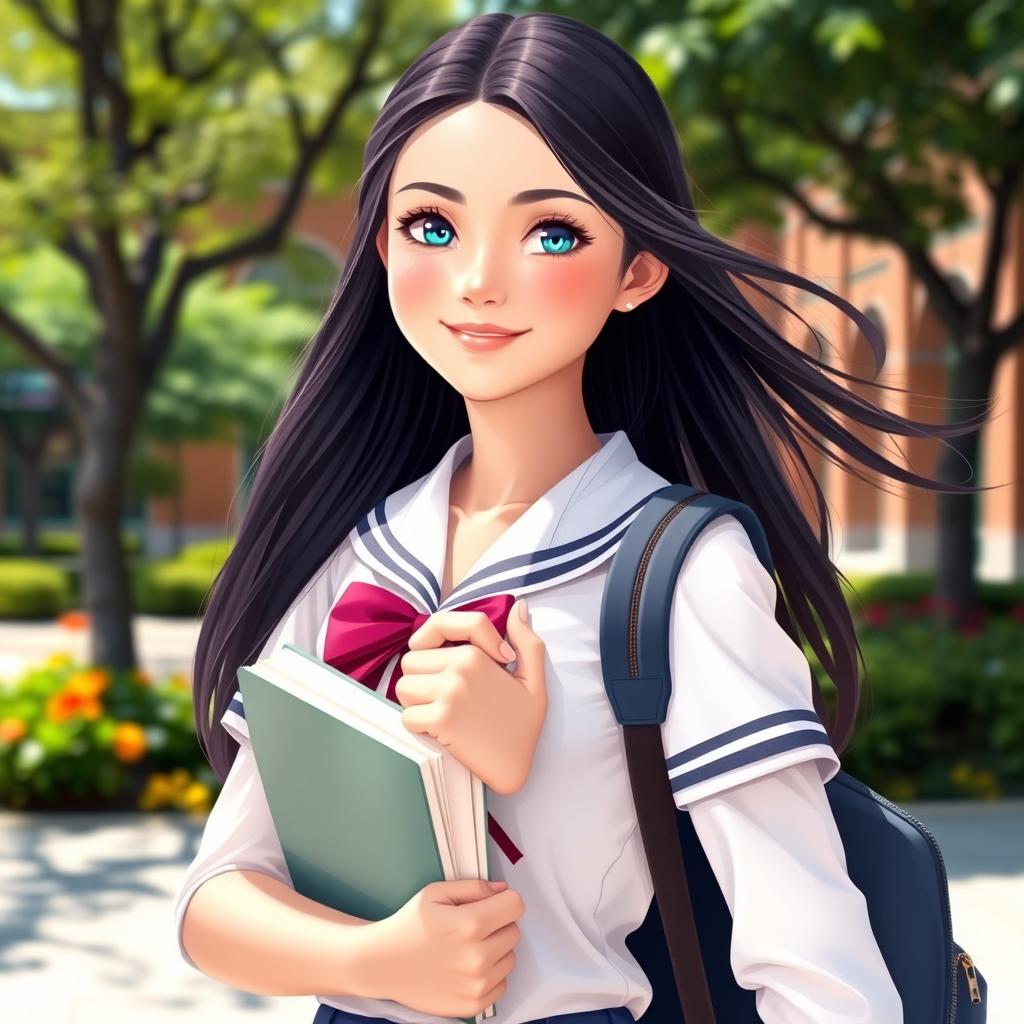 A beautiful 18-year-old school girl wearing a stylish and flattering school uniform, with a confident and cheerful expression