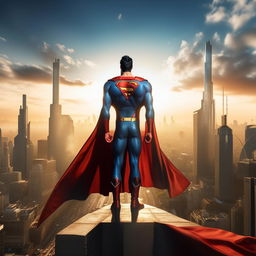 Create an image of Superman, standing tall in his iconic blue suit with a red cape, set against the backdrop of a soaring Metropolis skyline in daylight.