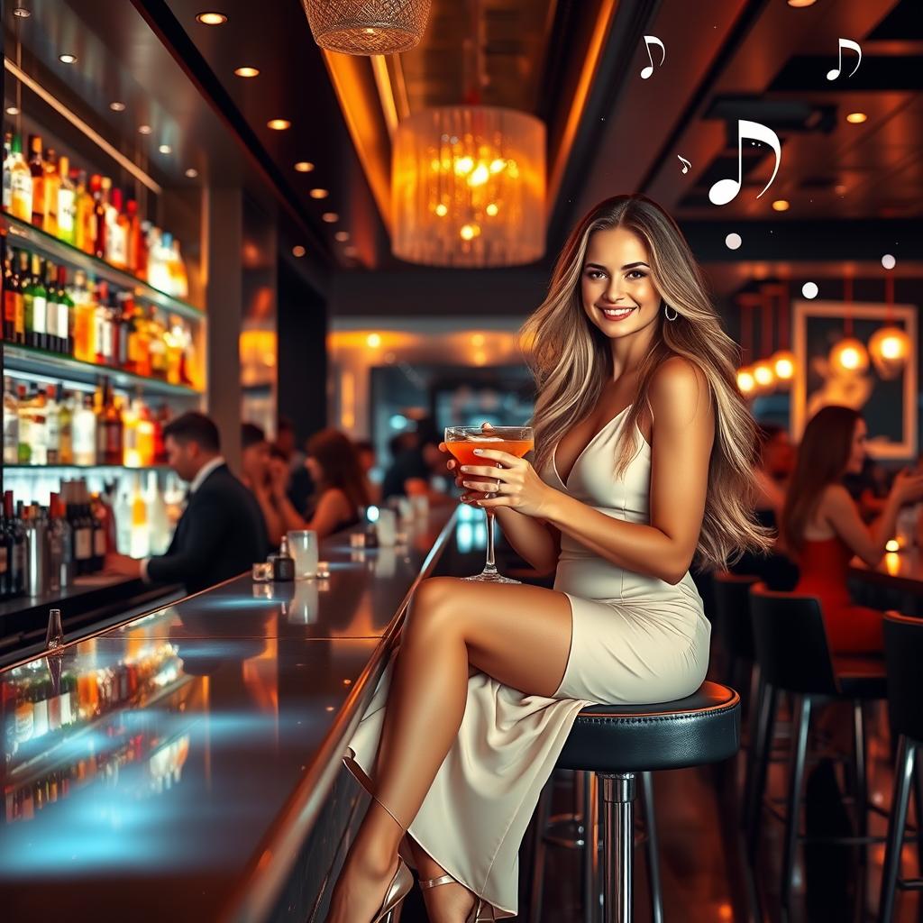 A stylish and elegant scene inside a vibrant bar at night, featuring a glamorous model with long flowing hair, wearing a chic cocktail dress, sitting on a high bar stool