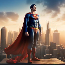 Create an image of Superman, standing tall in his iconic blue suit with a red cape, set against the backdrop of a soaring Metropolis skyline in daylight.