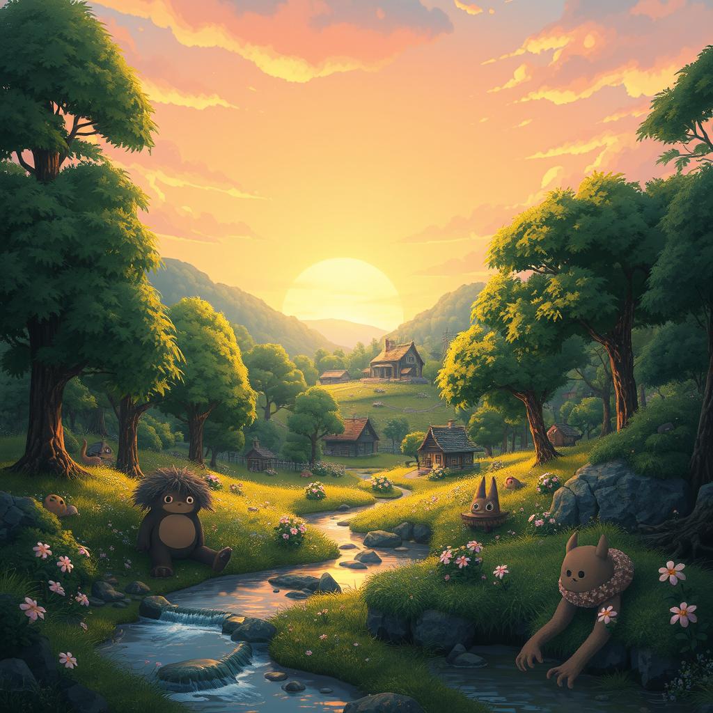 A magical forest landscape in the style of Studio Ghibli, featuring lush greenery, whimsical creatures, and a charming, quaint village nestled among the trees