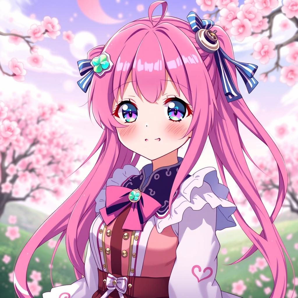 A vibrant pink-haired anime girl with sparkling eyes and a cheerful expression, dressed in a stylish, colorful outfit with intricate details