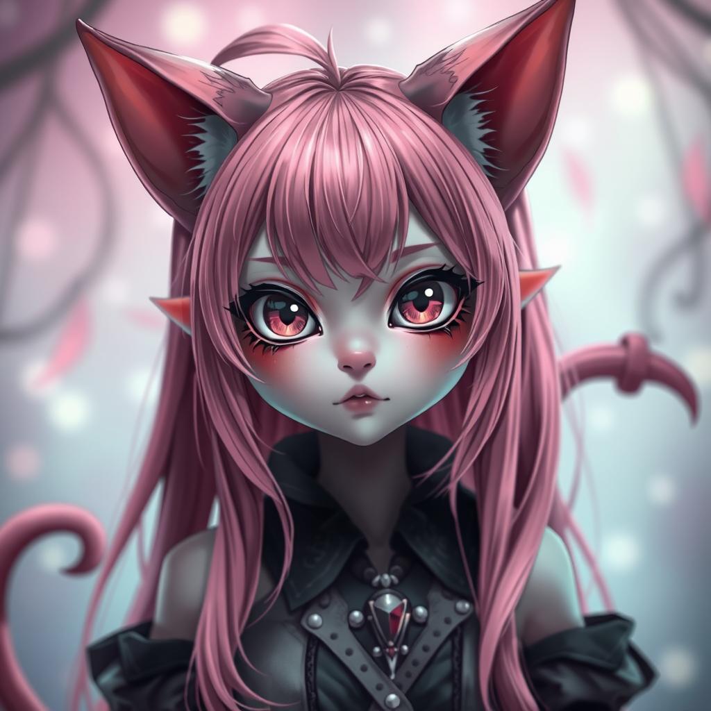 A captivating pink-haired succubi cat girl with enchanting features