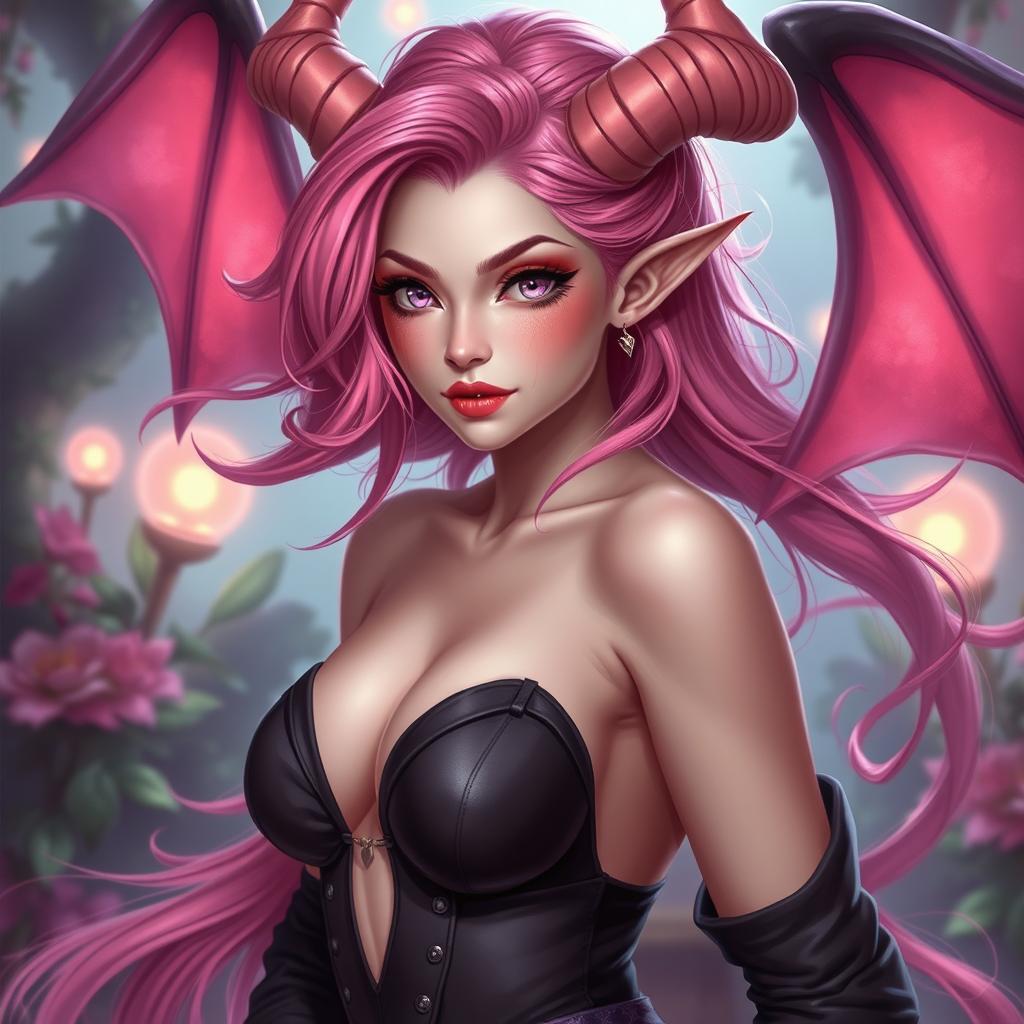 A mesmerizing pink-haired succubi girl, embodying allure and charm