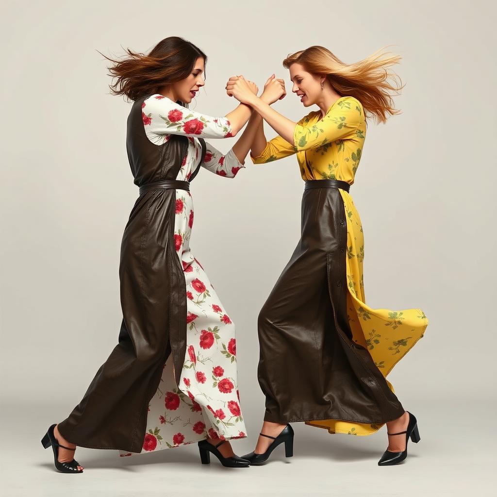 Two women in a fierce fight wearing fully unbuttoned long leather dresses that reach their ankles