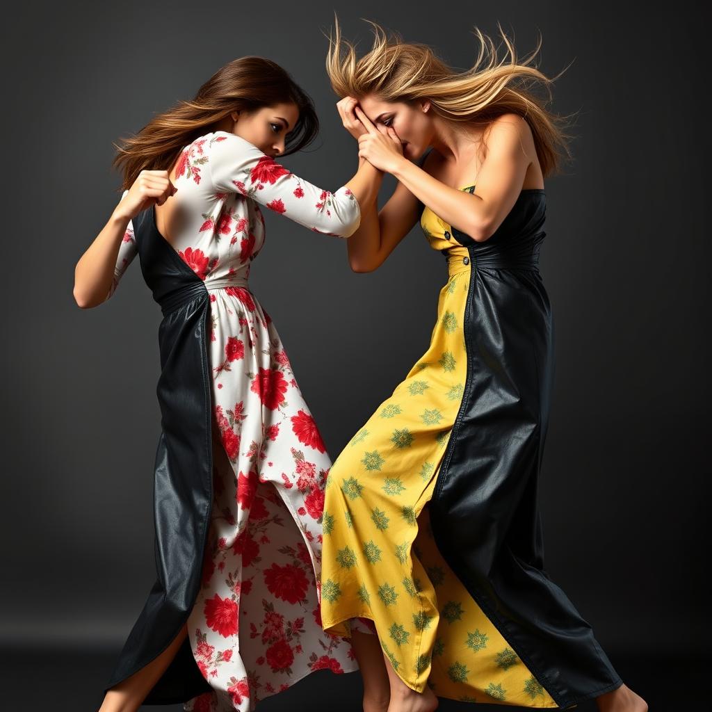 Two women fighting, both wearing completely unbuttoned long leather dresses that reach their ankles