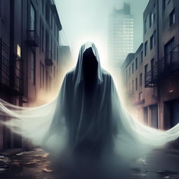 Create a rap album cover art. It should reflect the mood of the song with the lyrics 'but you feel like a ghost'. Incorporate a ghostly figure, urban setting, and music elements.