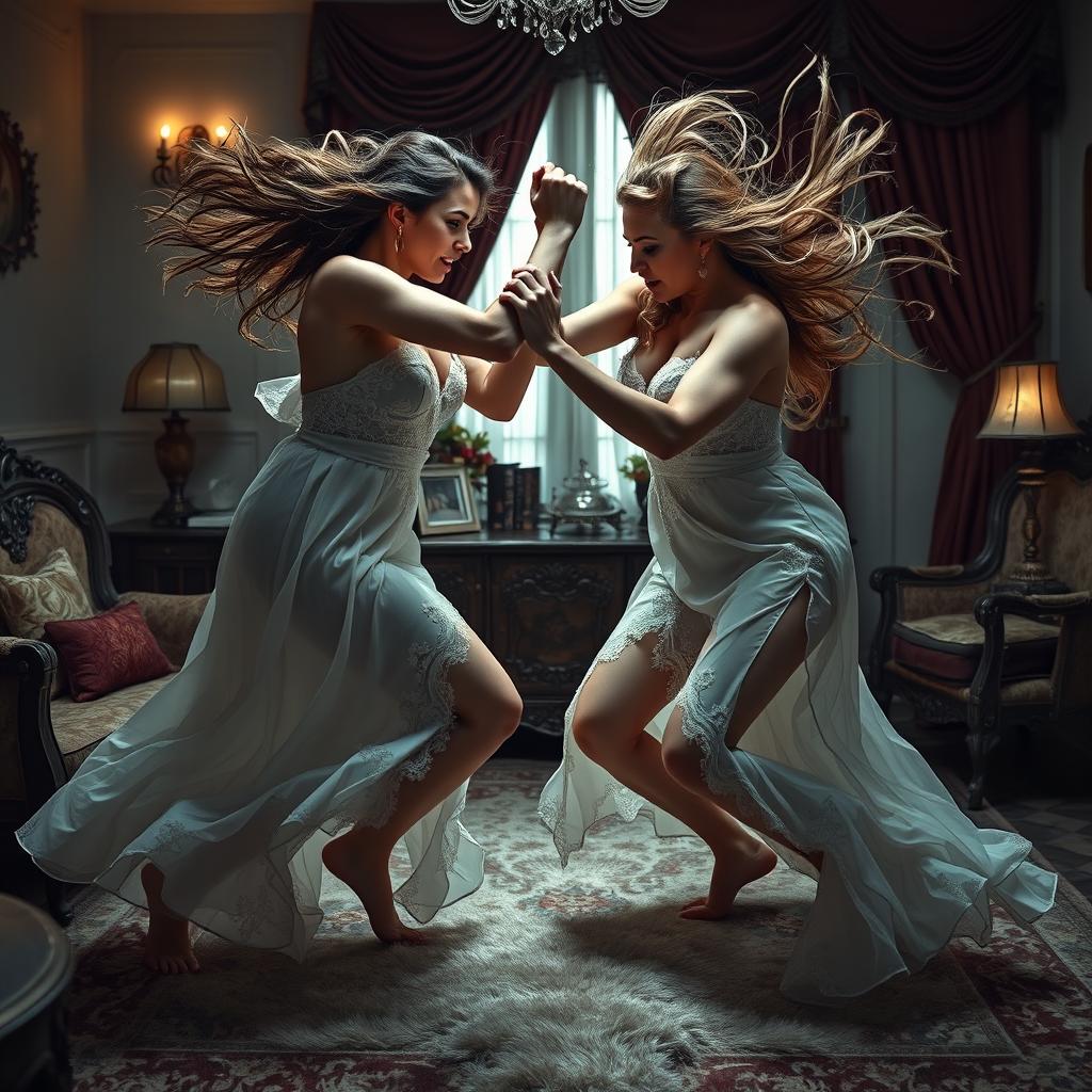 A dynamic and intense scene capturing two fierce female figures engaged in a catfight, both wearing intricate nightgowns that flow elegantly around them