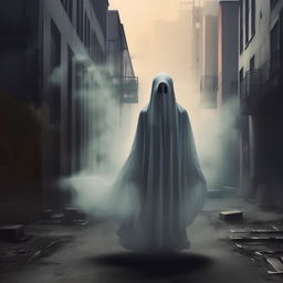 Create a rap album cover art. It should reflect the mood of the song with the lyrics 'but you feel like a ghost'. Incorporate a ghostly figure, urban setting, and music elements.