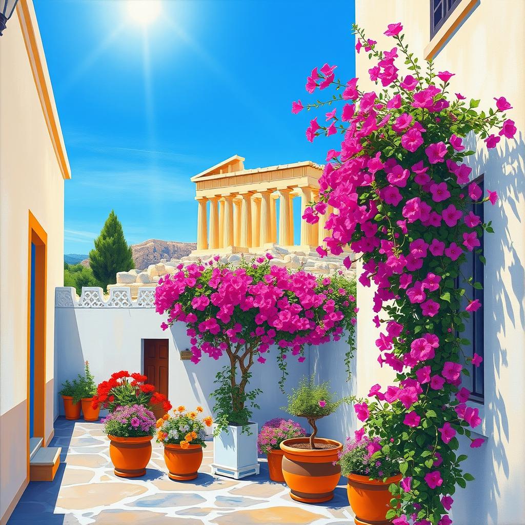 A painting featuring the Parthenon and the Acropolis on a sunny day, set against a vibrant blue sky