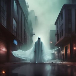 Create a rap album cover art. It should reflect the mood of the song with the lyrics 'but you feel like a ghost'. Incorporate a ghostly figure, urban setting, and music elements.