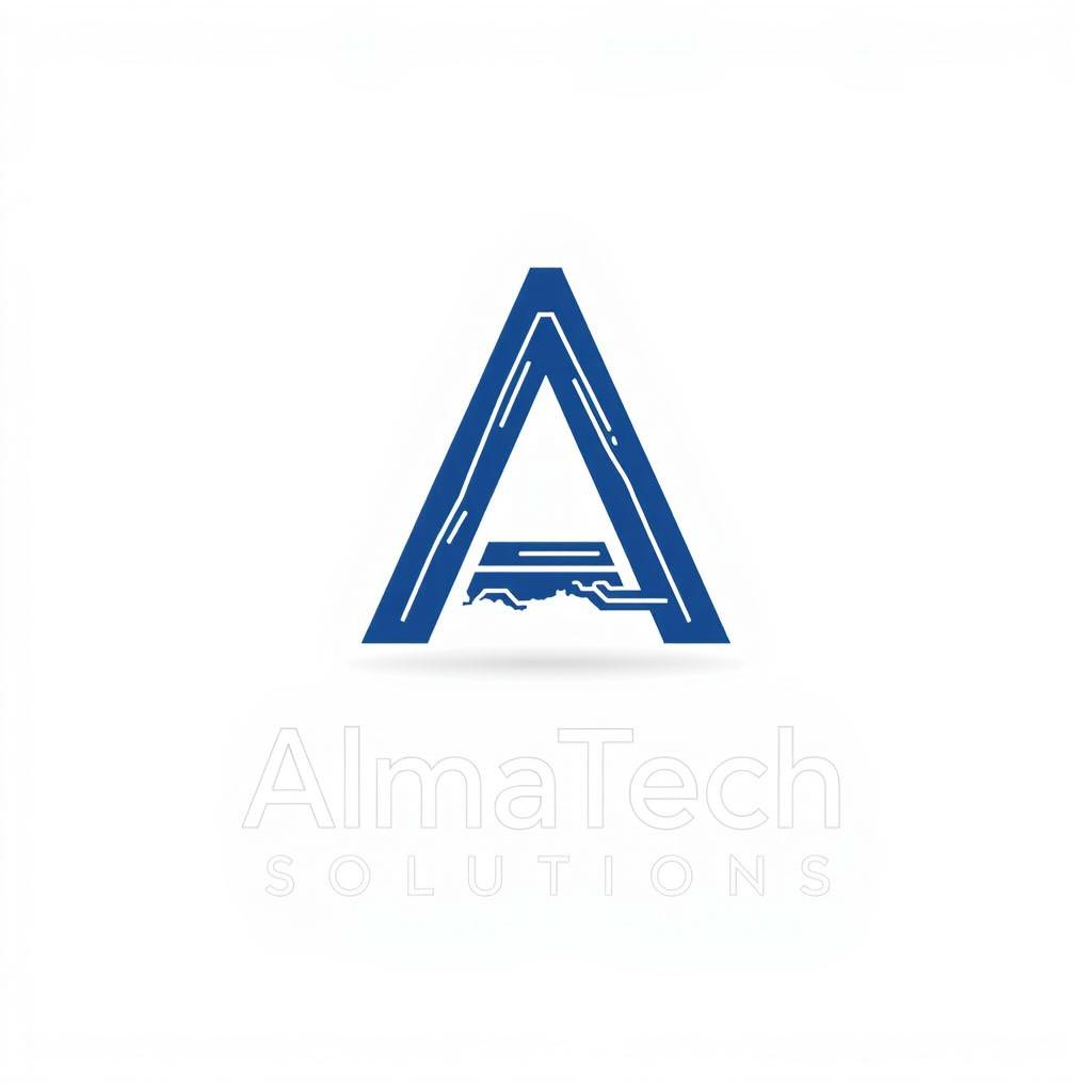 Logo design for "AlmaTech Solutions" featuring a stylish and abstract geometric symbol that subtly incorporates electronic circuit lines forming the letter 'A' along with an abstract representation of the map of Cuba