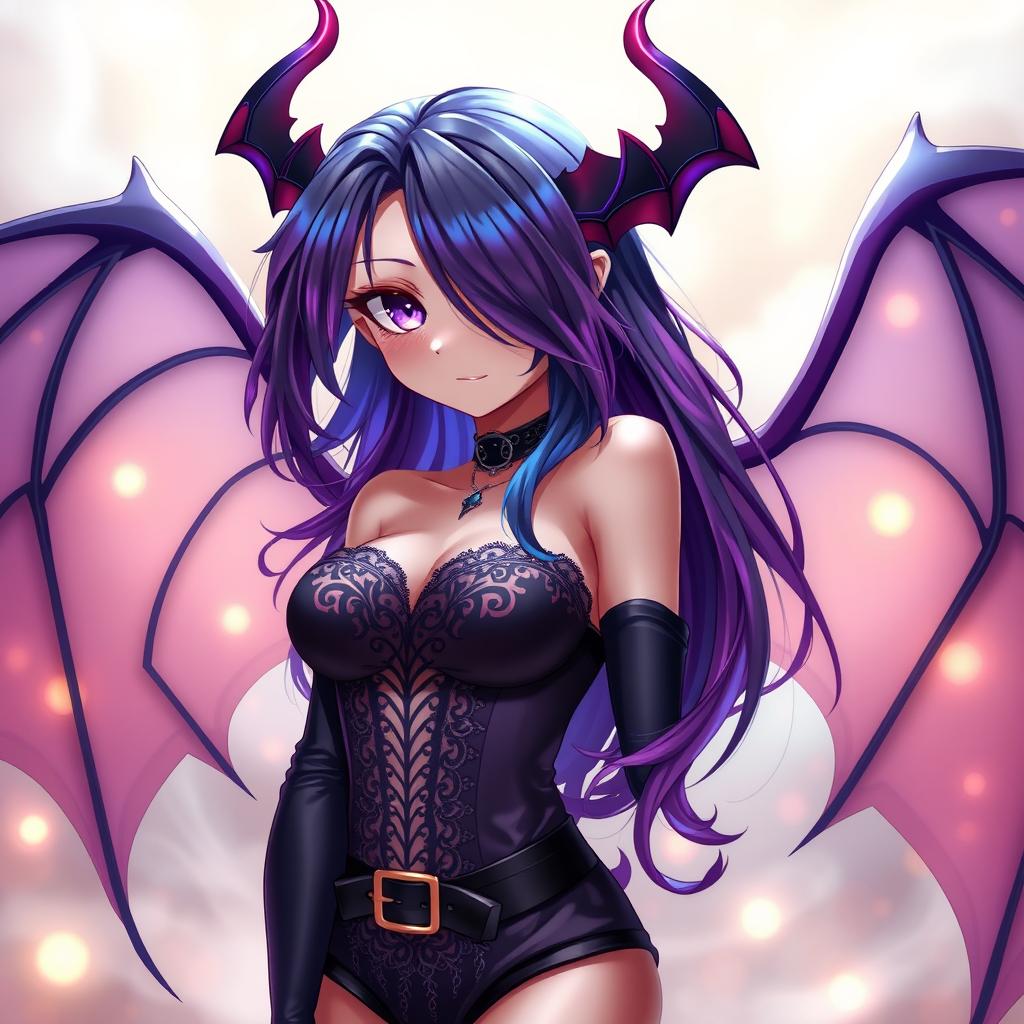 A captivating anime-style succubus character, with vibrant, flowing hair in shades of dark purple and deep blue