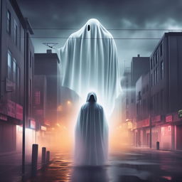 Create a rap album cover art. It should reflect the mood of the song with the lyrics 'but you feel like a ghost'. Incorporate a ghostly figure, urban setting, and music elements.