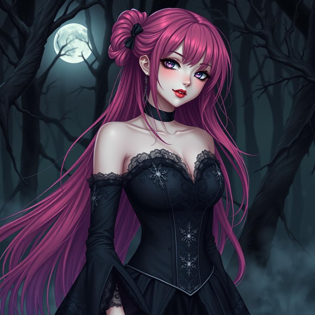 A stunning gothic anime girl with vibrant pink hair flowing elegantly down her back