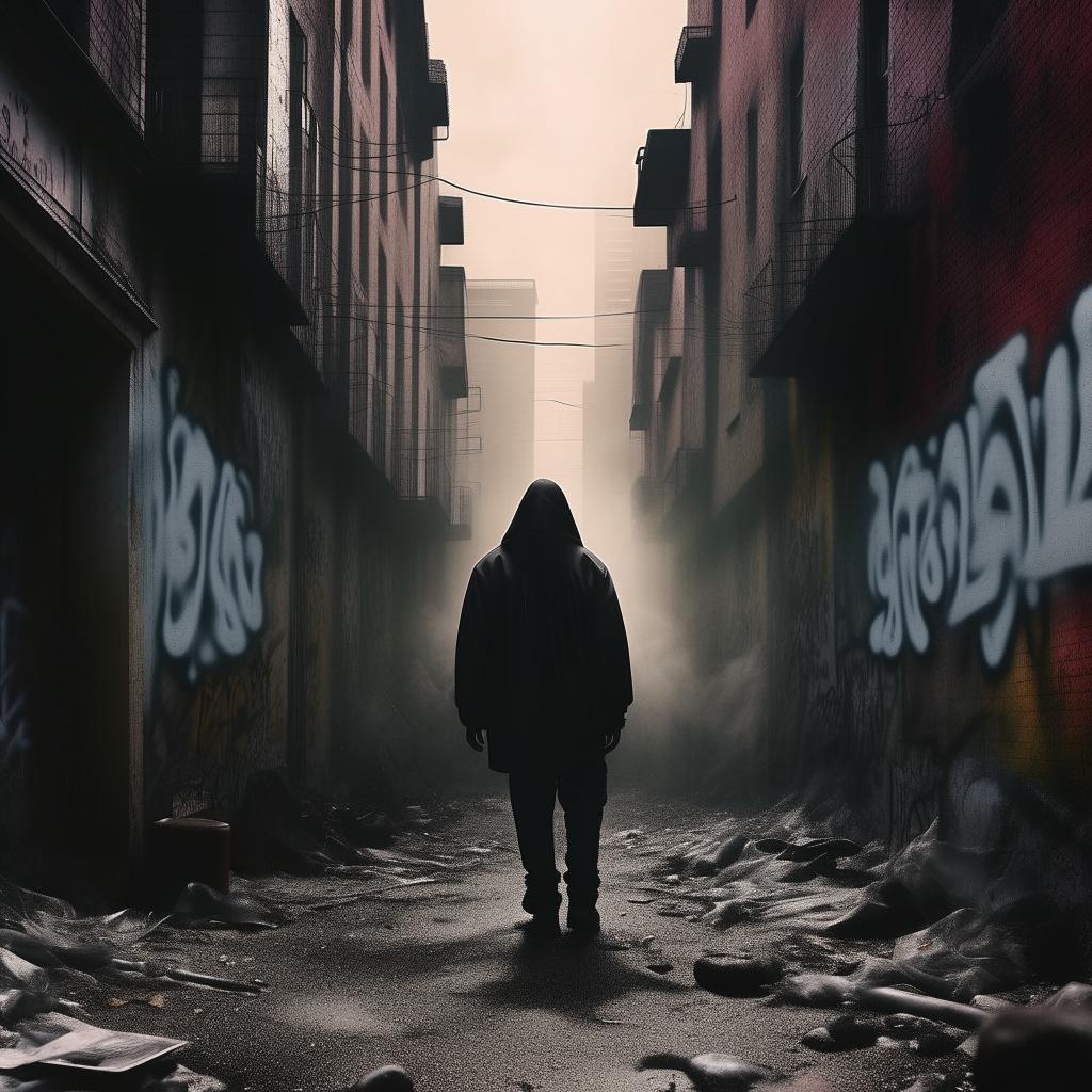 Gritty street art-inspired rap album cover portraying an aesthetic of urban solitude, featuring a fade-out ghostly figure in the foreground with the lyrics 'but you feel like a ghost' inscribed in thick, raw graffiti-style lettering