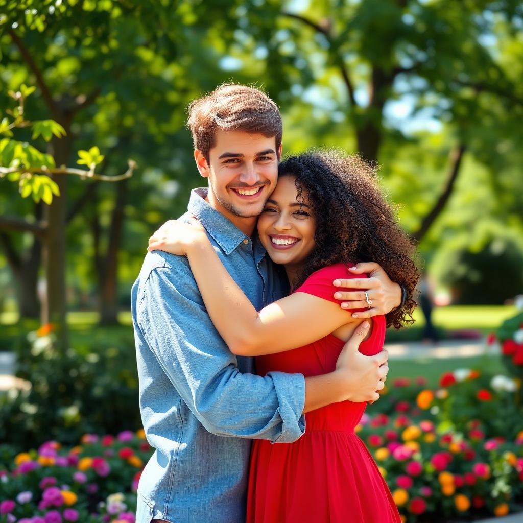 A heartwarming scene of two friends embracing each other in a park, surrounded by lush greenery and colorful flowers