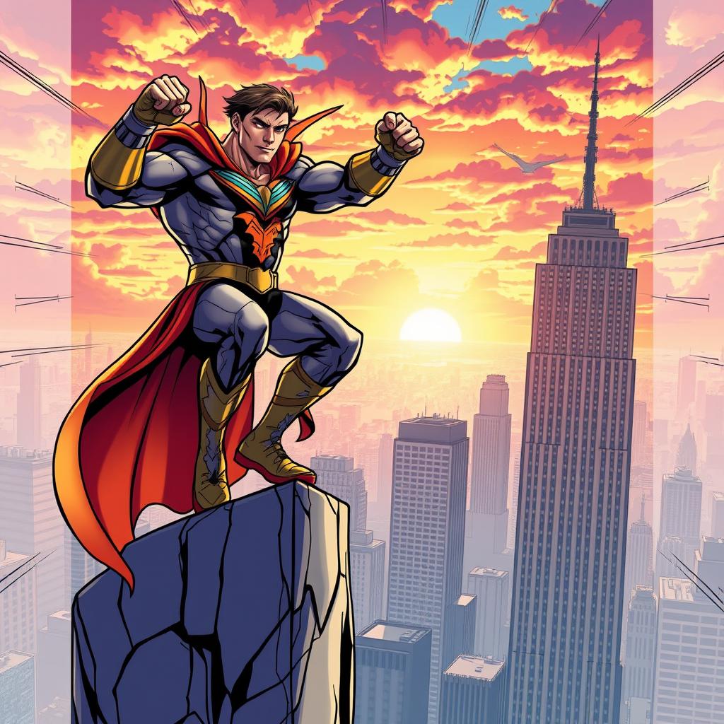 A dynamic superhero scene in Marvel style, featuring a powerful hero with a muscular build, dressed in a colorful, intricate costume with a flowing cape, striking a heroic pose atop a skyscraper