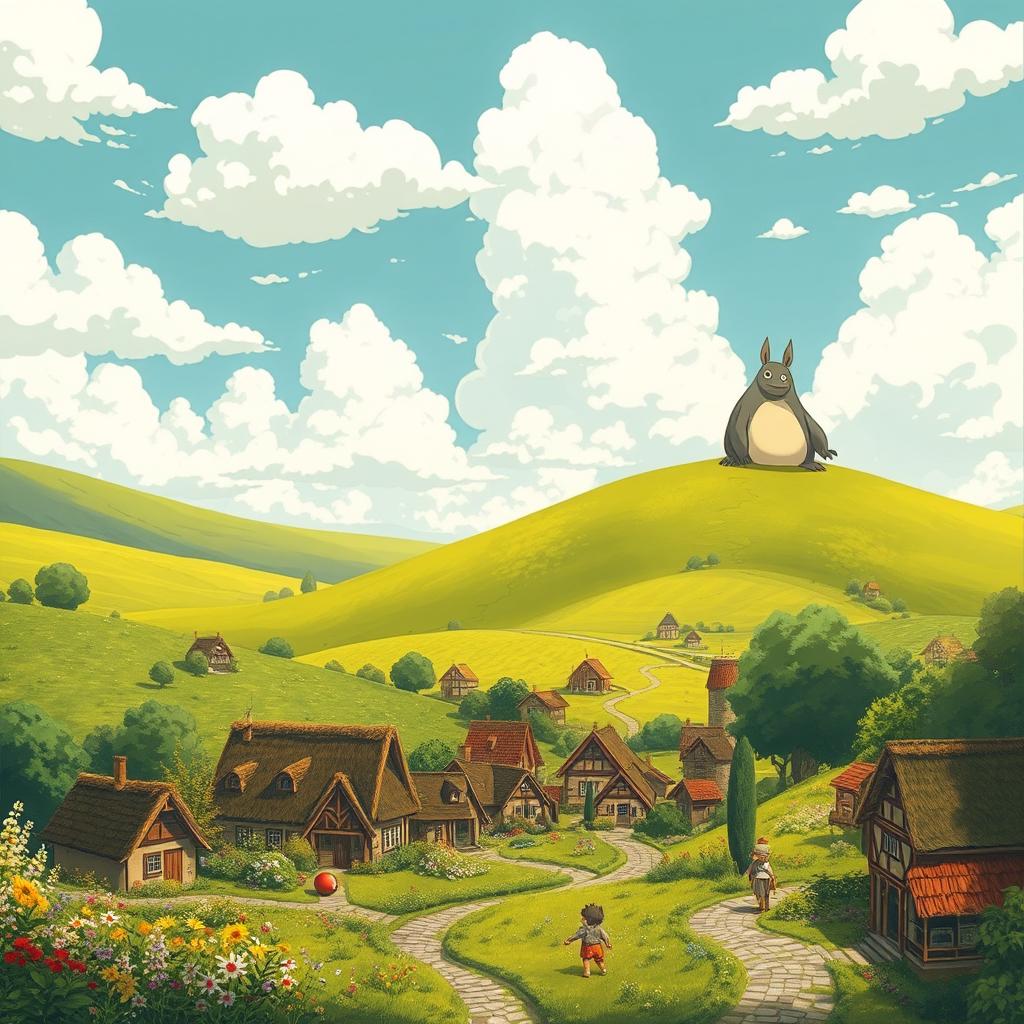 A fantastical landscape inspired by Studio Ghibli, showcasing rolling green hills, vibrant wildflowers, and a whimsical sky filled with fluffy white clouds