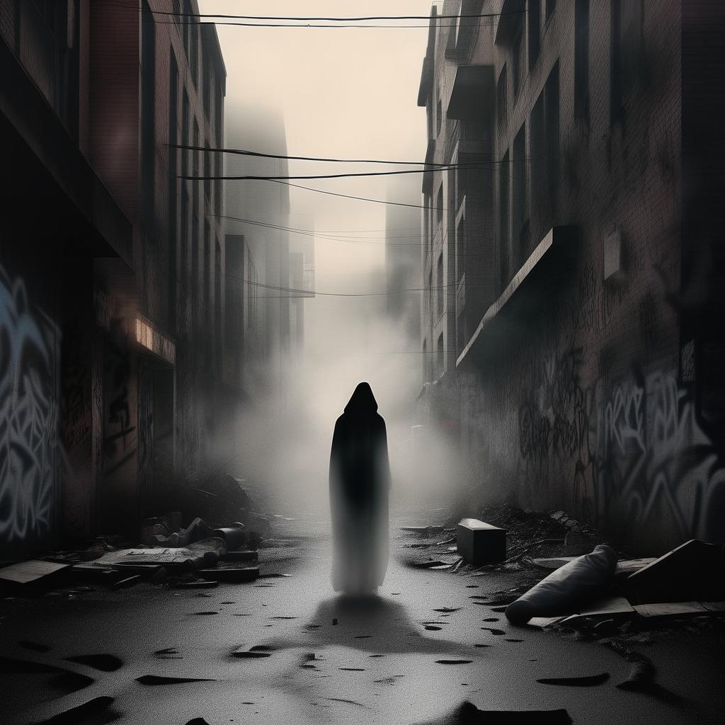 Gritty street art-inspired rap album cover portraying an aesthetic of urban solitude, featuring a fade-out ghostly figure in the foreground with the lyrics 'but you feel like a ghost' inscribed in thick, raw graffiti-style lettering